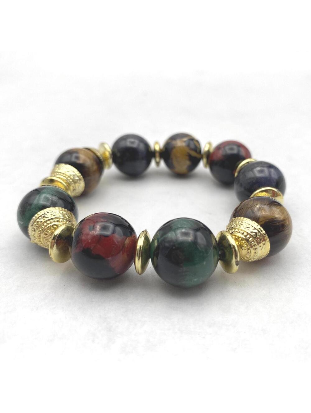 Vintage Gold Tone and Marbled Plastic Beaded Bracelet, 7" Stretch Bracelet.